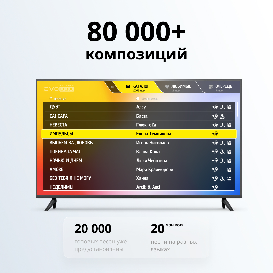 EVOBOX Classic В системе предустановлено 20 000 песен включает в себя топовые хиты отечественных и зарубежных исполнителей.
